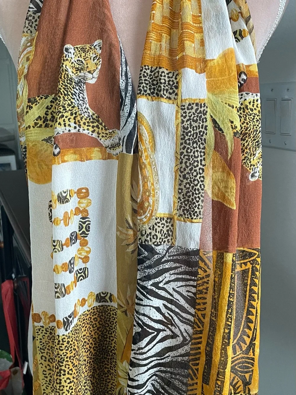 Leopard Print Silk Scarf in Gold, Brown & White, 12” X 60”